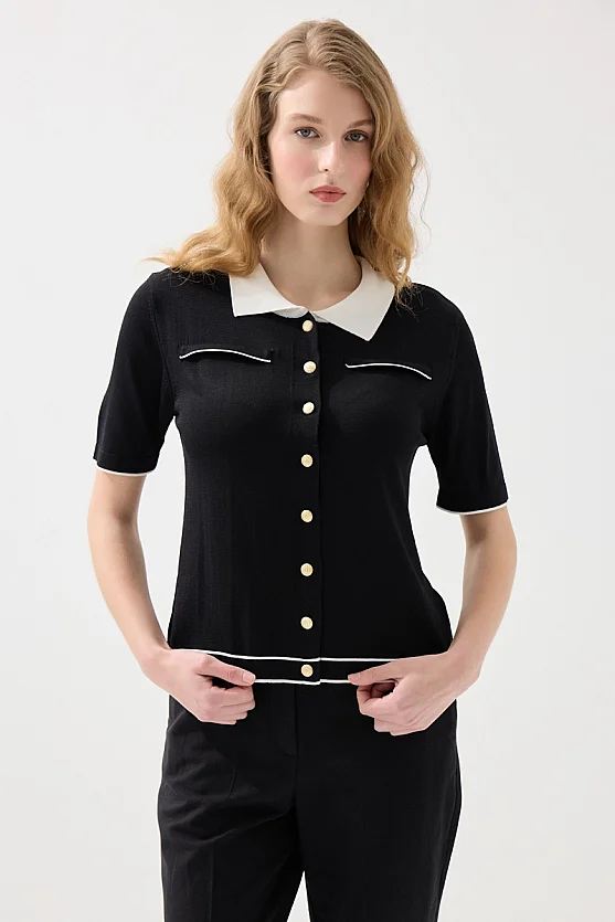 Polo Yaka Merserize Triko Bluz - Siyah - Gusto