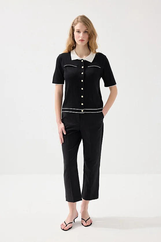 Polo Yaka Merserize Triko Bluz - Siyah - Gusto