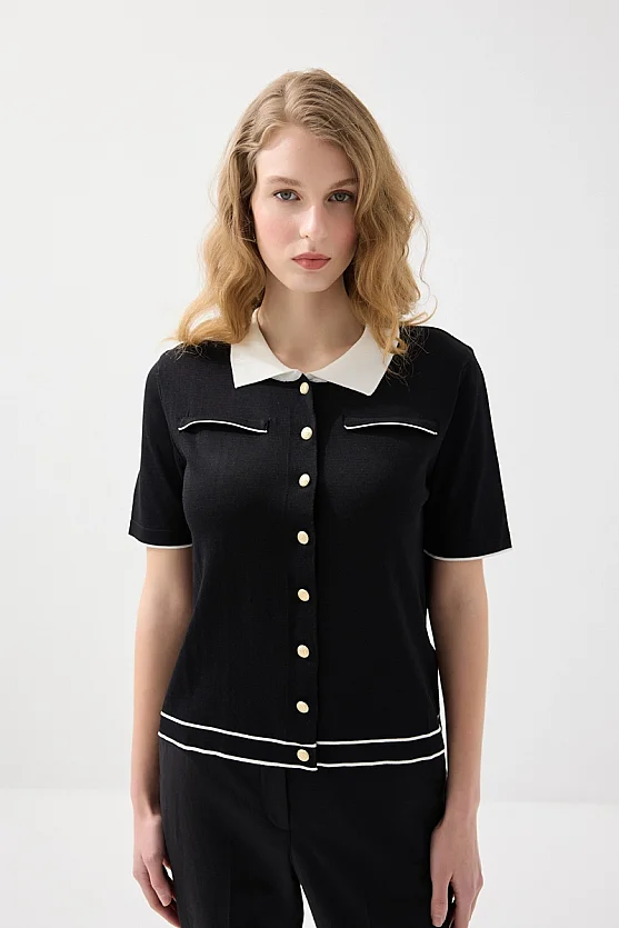 Polo Yaka Merserize Triko Bluz - Siyah - Gusto