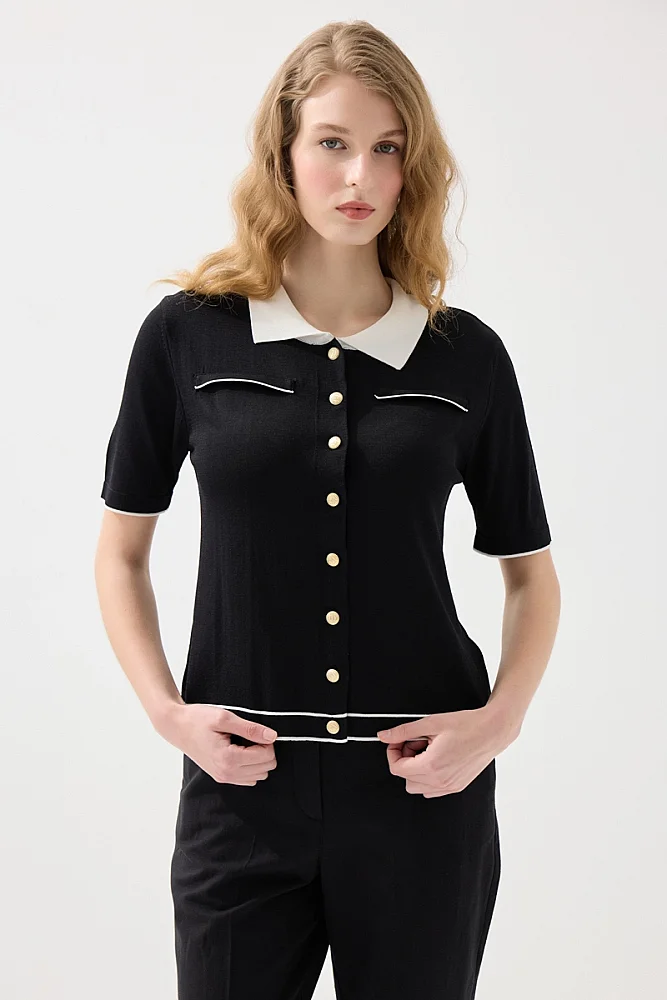 Polo Yaka Merserize Triko Bluz - Siyah Siyah