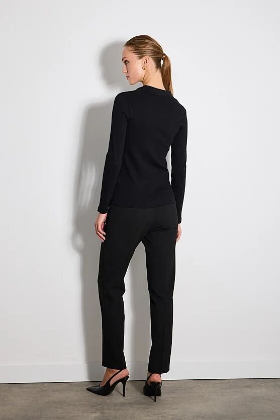 Polo Yaka Örme Pamuk Bluz - Siyah - 6