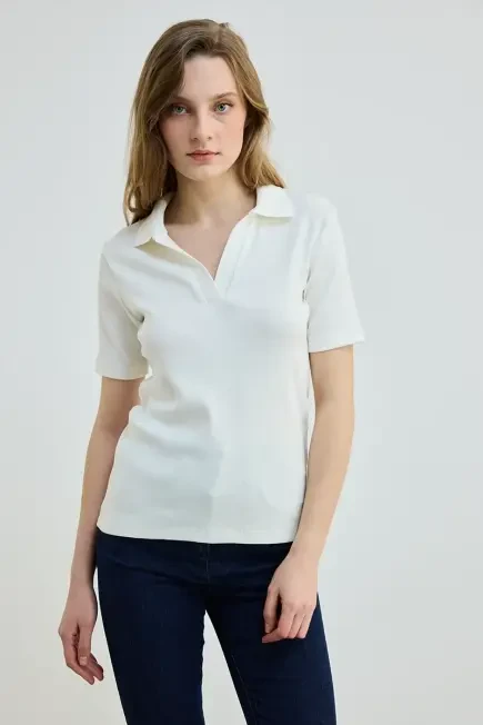 Polo Yaka Pamuk Kaşkorse T-Shirt - Ekru Ekru