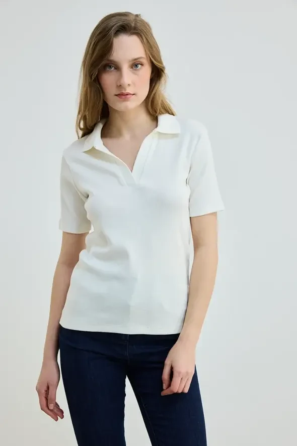 Polo Yaka Pamuk Kaşkorse T-Shirt - Ekru - 1