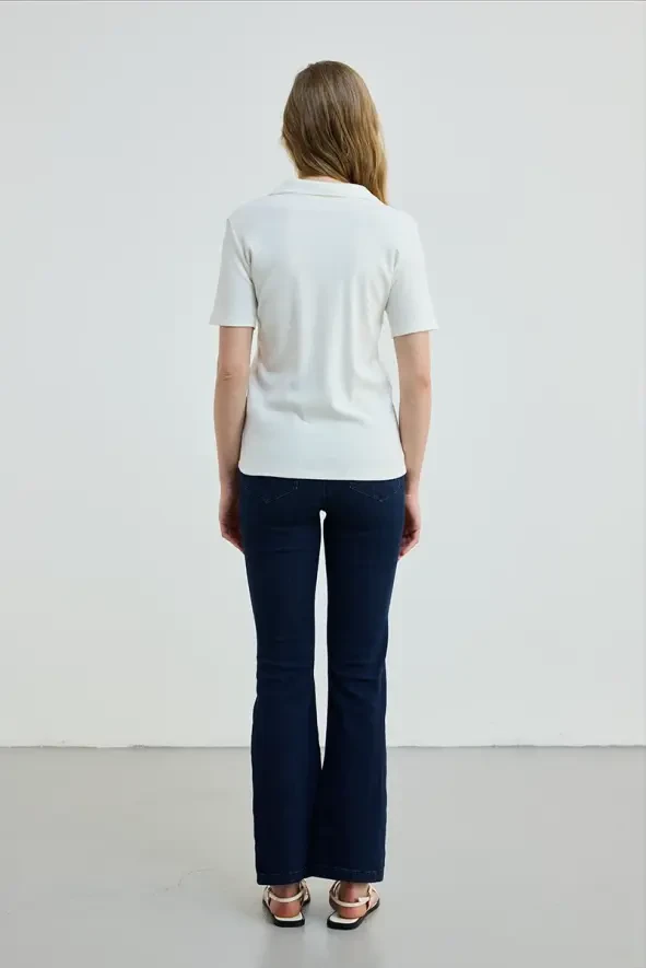 Polo Yaka Pamuk Kaşkorse T-Shirt - Ekru - 3