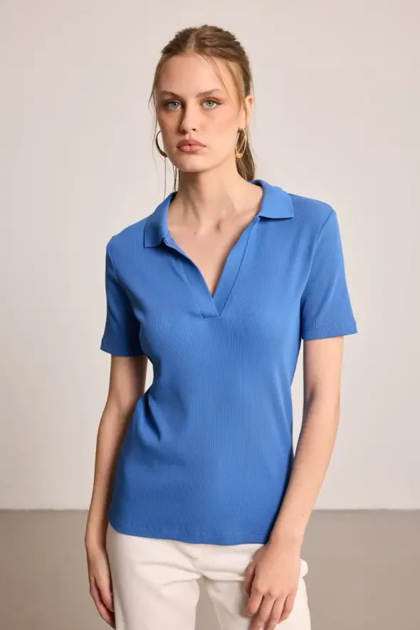 Polo Yaka Pamuk Kaşkorse T-Shirt - Mavi - 1