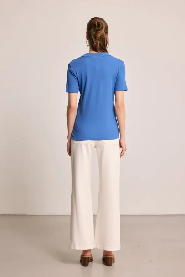 Polo Yaka Pamuk Kaşkorse T-Shirt - Mavi - 4