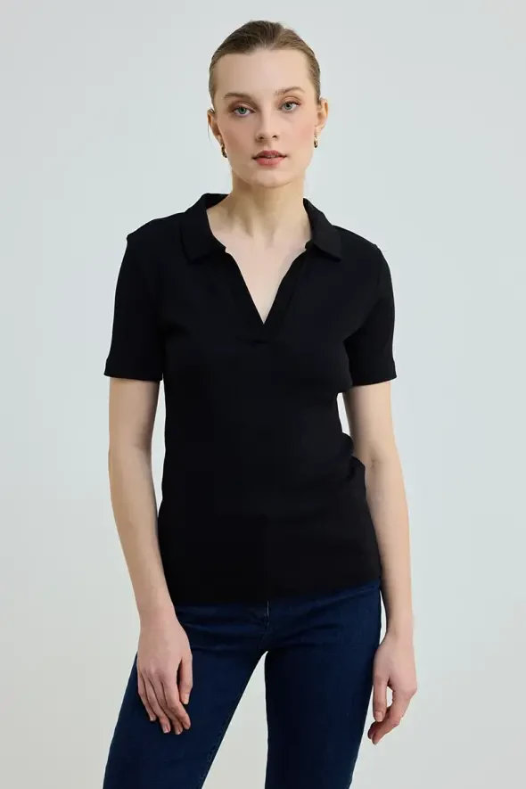 Polo Yaka Pamuk Kaşkorse T-Shirt - Siyah - 1