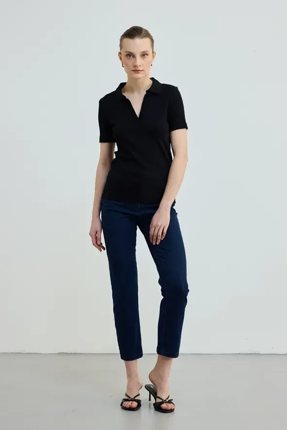 Polo Yaka Pamuk Kaşkorse T-Shirt - Siyah - 2