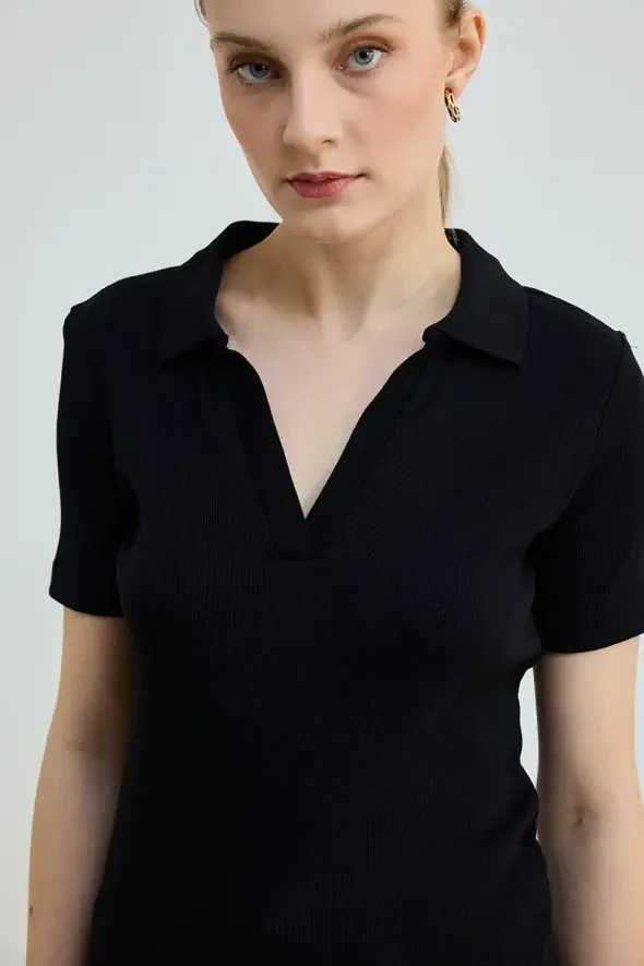 Polo Yaka Pamuk Kaşkorse T-Shirt - Siyah - 3