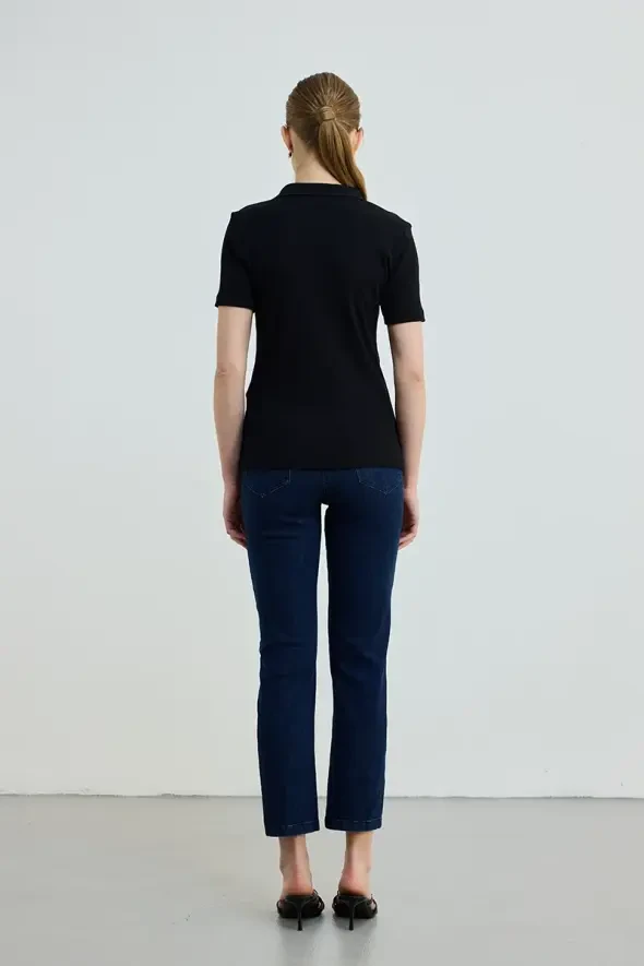Polo Yaka Pamuk Kaşkorse T-Shirt - Siyah - 4