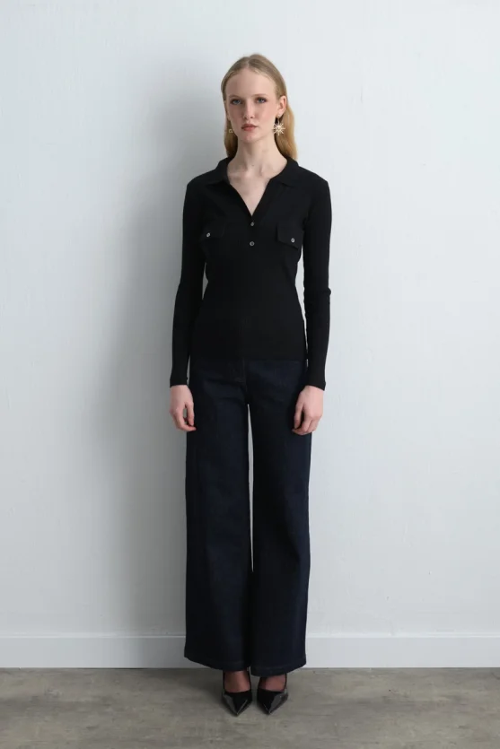 Polo Yaka Ribana Bluz - Siyah - 3