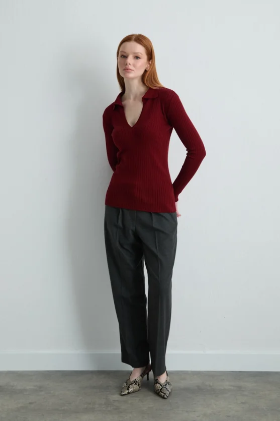 Polo Yaka Ribana Triko Bluz - Bordo - 2