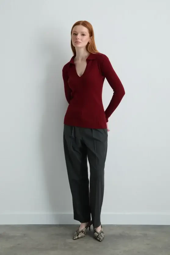 Polo Yaka Ribana Triko Bluz - Bordo - Gusto