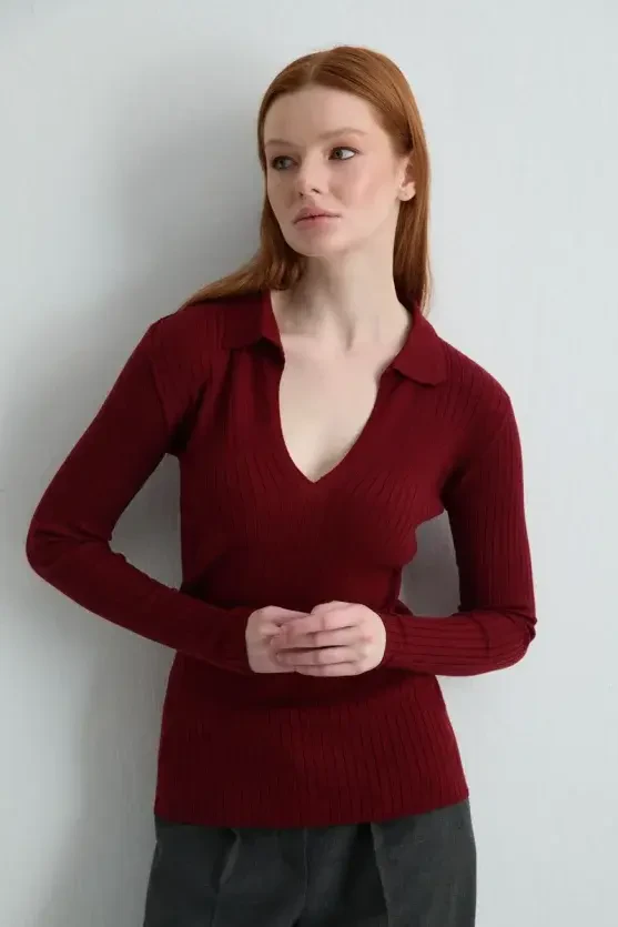 Polo Yaka Ribana Triko Bluz - Bordo - Gusto