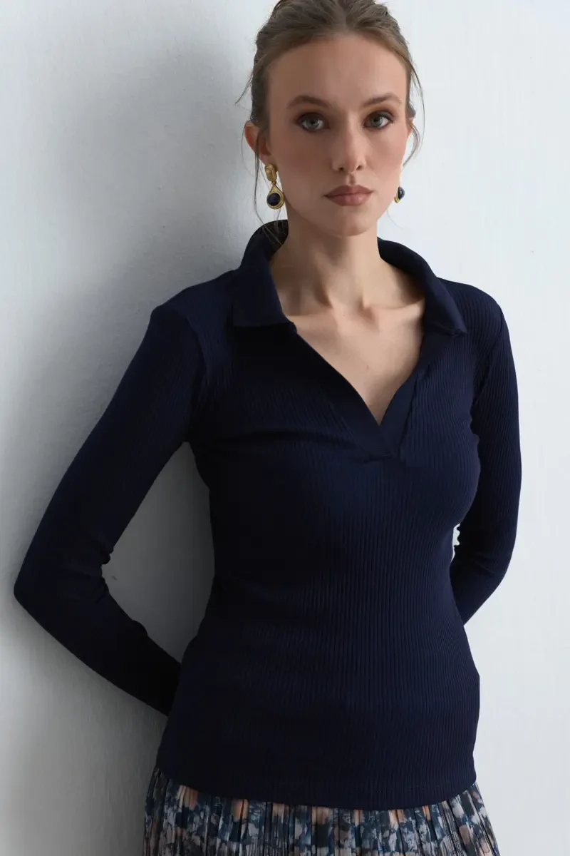 Polo Yakalı Pamuk Örme Bluz - Lacivert - 2