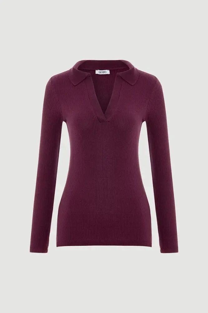 Polo Yakalı Pamuk Örme Bluz - Mürdüm Mürdüm