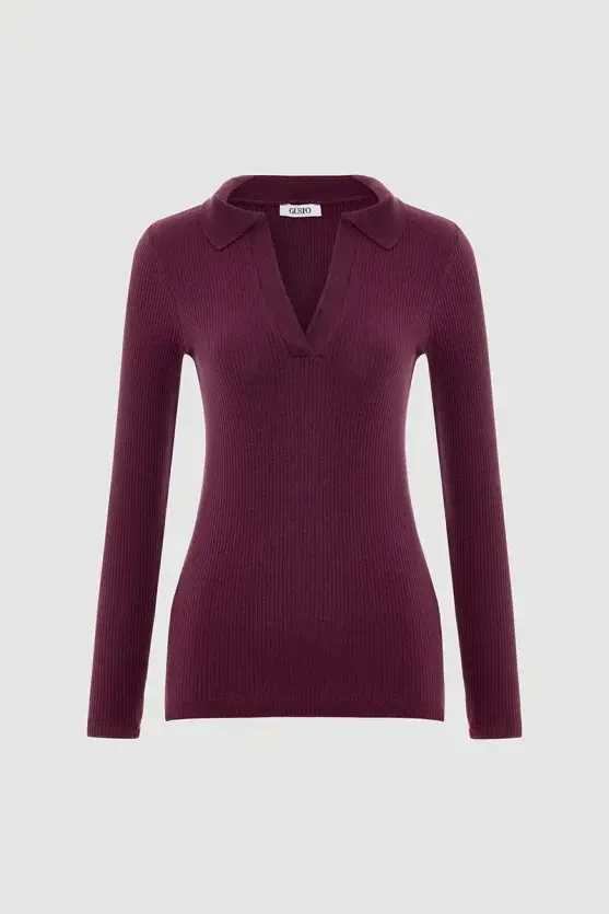 Polo Yakalı Pamuk Örme Bluz - Mürdüm - 1