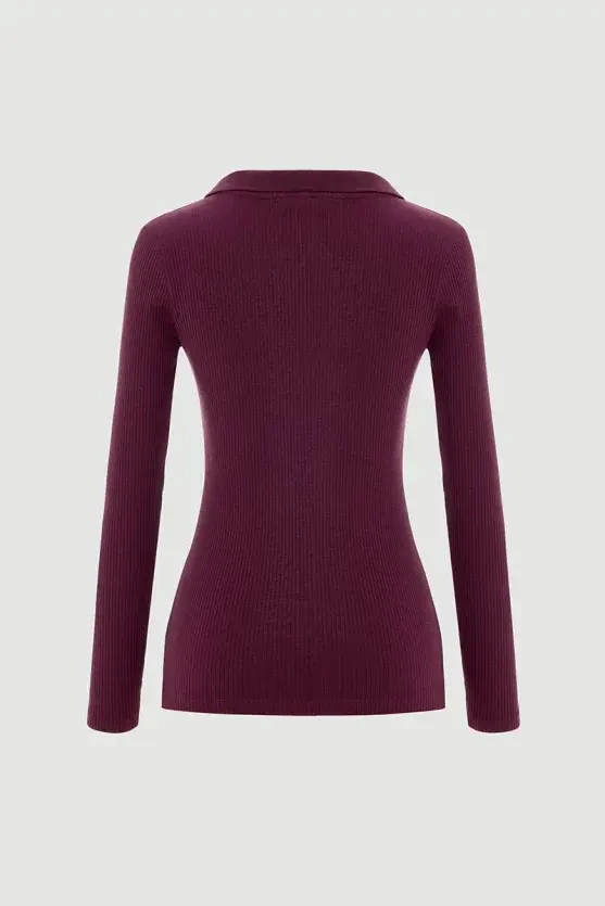 Polo Yakalı Pamuk Örme Bluz - Mürdüm - 2