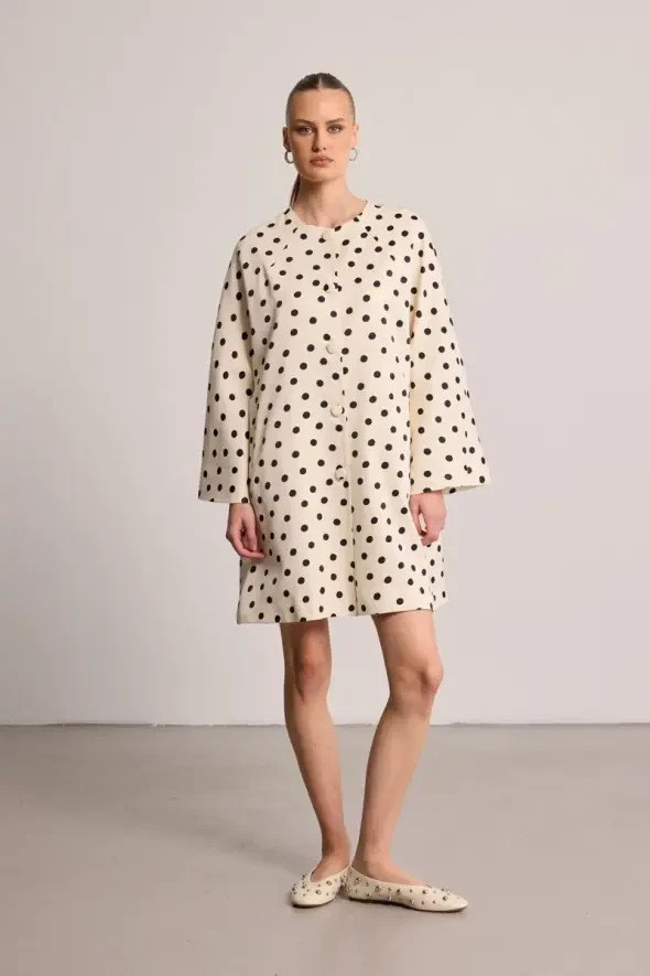 Puanlı Saten Kaftan - Ekru - 1