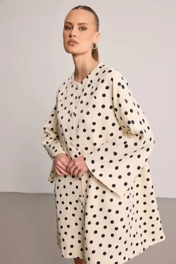 Puanlı Saten Kaftan - Ekru - 2