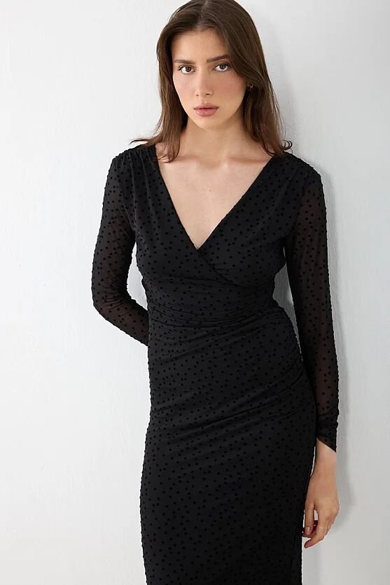 Puantiye Desenli Anvelop Kesim Abiye Elbise - Siyah - Gusto