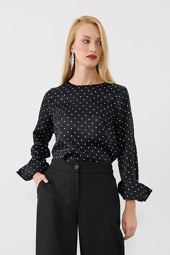 Puantiye Desenli Saten Bluz - Siyah - Gusto