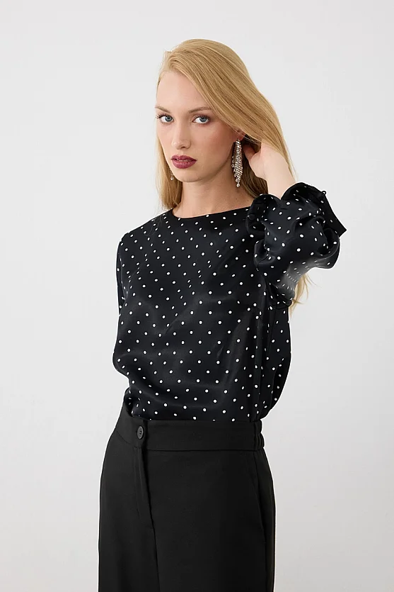 Puantiye Desenli Saten Bluz - Siyah - Gusto