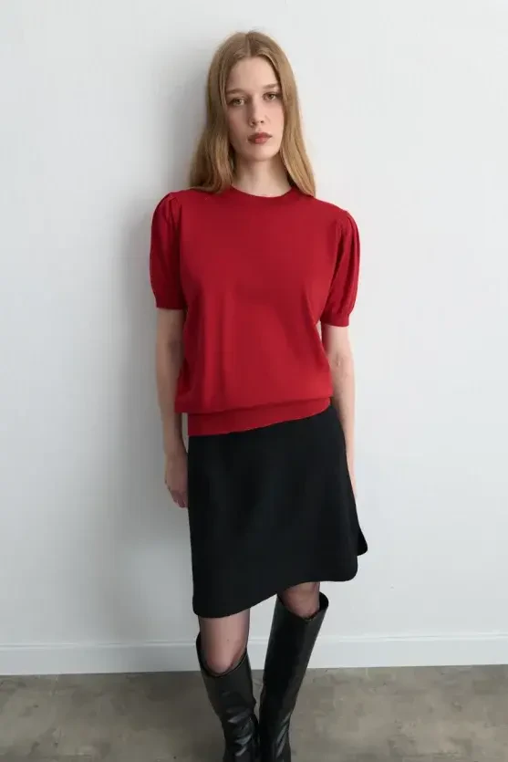 Puff Sleeve Knit Blouse - Red - Gusto