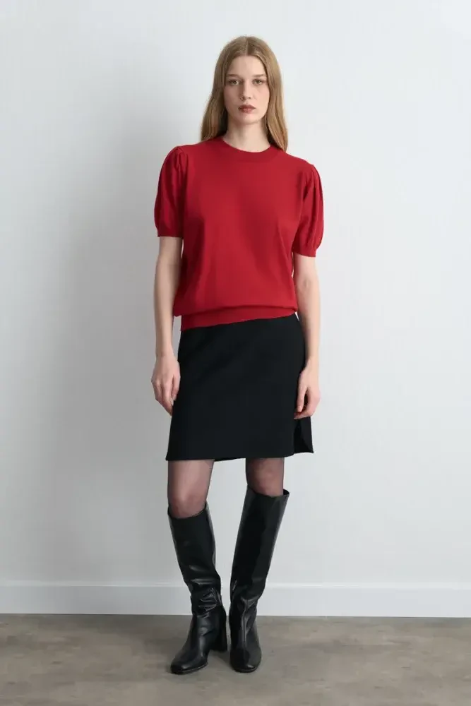 Puff Sleeve Knit Blouse - Red