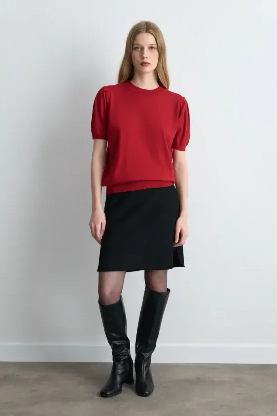Puff Sleeve Knit Blouse - Red - 1