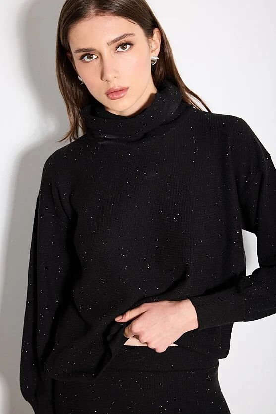 Pul Detaylı Basic Boğazlı Pamuk Triko - Siyah - 5