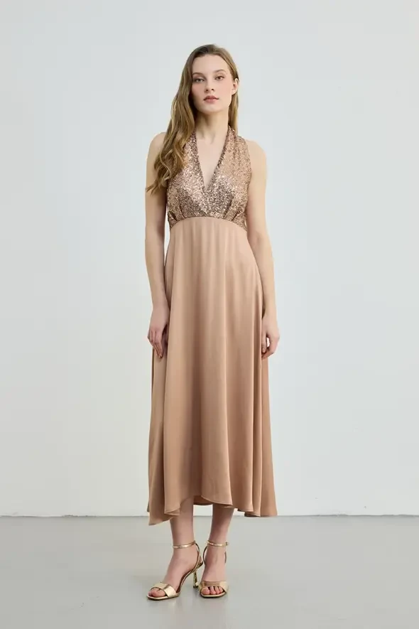 Pul Payet Detaylı Saten Elbise - Bakır - Gusto