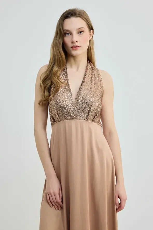 Pul Payet Detaylı Saten Elbise - Bakır - Gusto