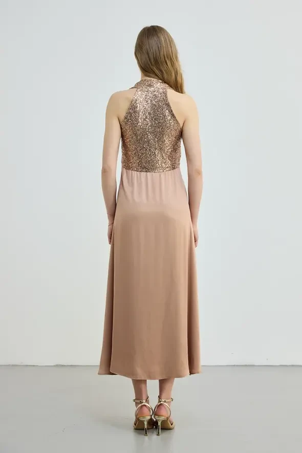 Pul Payet Detaylı Saten Elbise - Bakır - Gusto