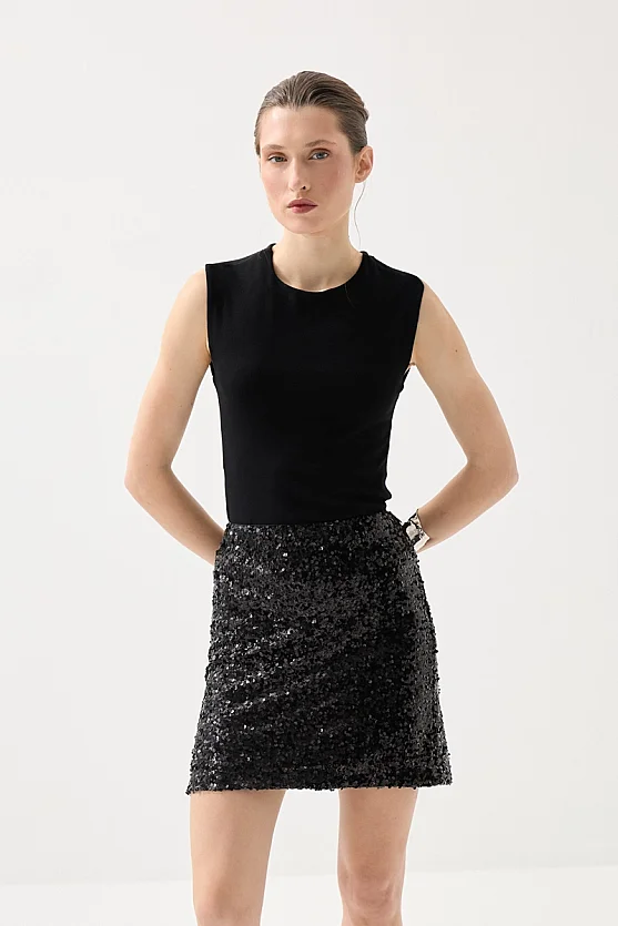 Pul Payet Premıum Abiye Mini Etek - Siyah - Gusto