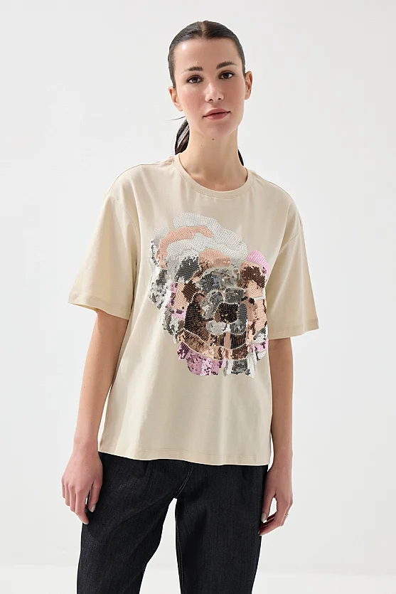Pul Payetli Rahat Kesim Pamuk T-shirt - Bej - 3