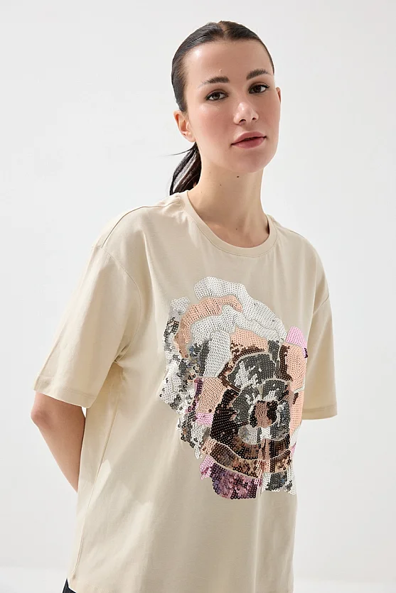 Pul Payetli Rahat Kesim Pamuk T-shirt - Bej - Gusto