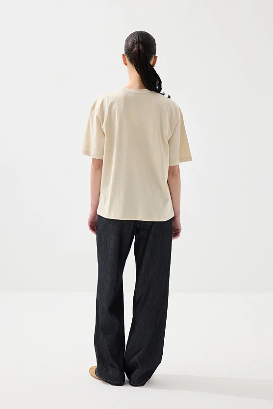 Pul Payetli Rahat Kesim Pamuk T-shirt - Bej - 7