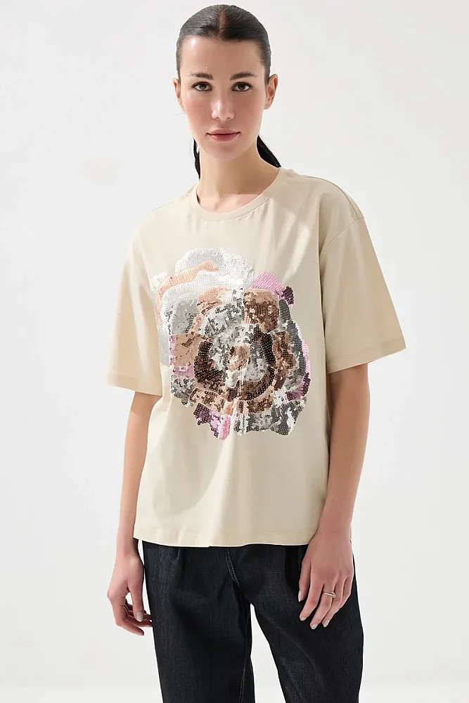 Pul Payetli Rahat Kesim Pamuk Tshirt - Bej Bej