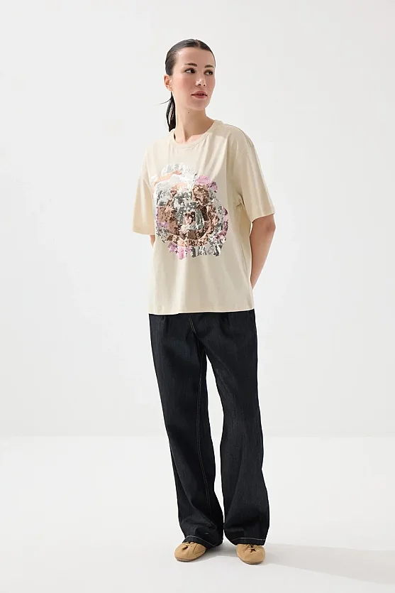 Pul Payetli Rahat Kesim Pamuk Tshirt - Bej - 2
