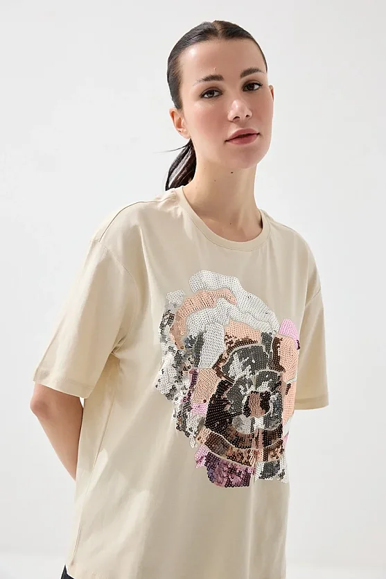 Pul Payetli Rahat Kesim Pamuk T-shirt - Bej - Gusto