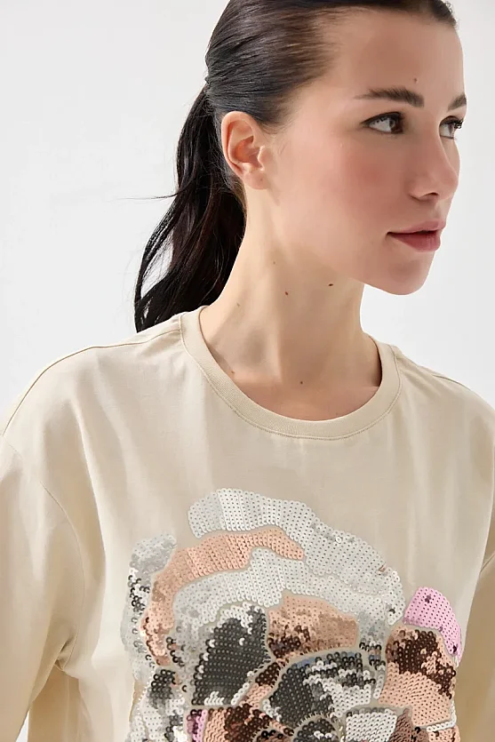 Pul Payetli Rahat Kesim Pamuk Tshirt - Bej - 5