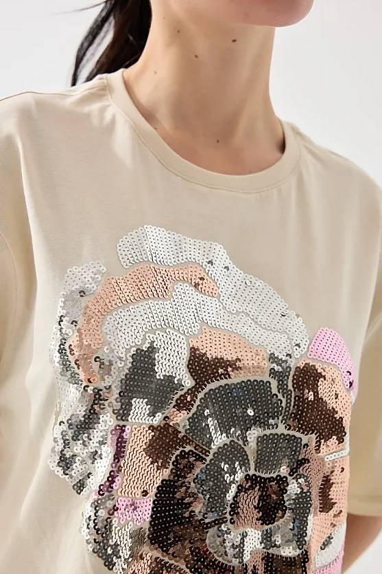 Pul Payetli Rahat Kesim Pamuk T-shirt - Bej - Gusto