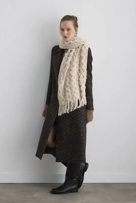 Püsküllü Örgü Şal - Ekru - Gusto