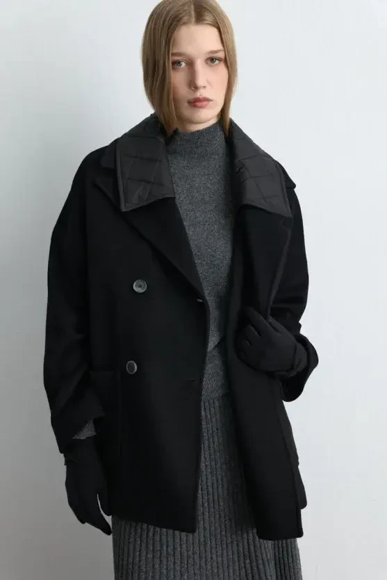 Quilted Collar Wool Coat - Black - Gusto