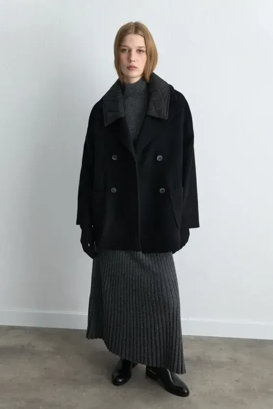 Quilted Collar Wool Coat - Black - 3
