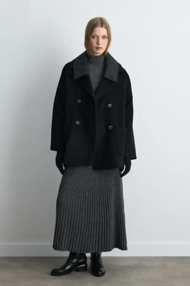 Quilted Collar Wool Coat - Black Black