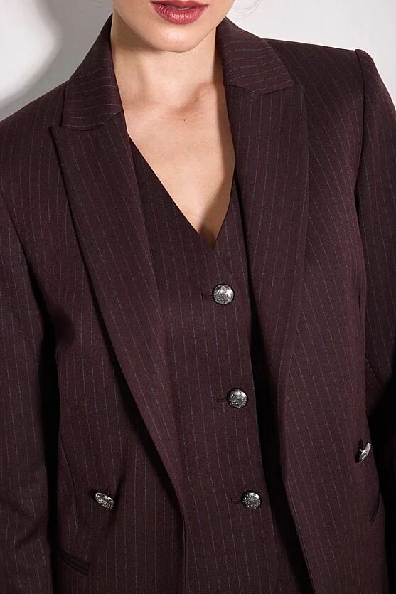 Rahat Kesim Çizgili Blazer Ceket - Bordo - 3