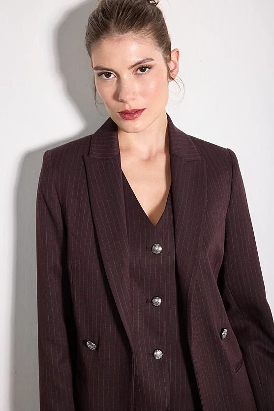 Rahat Kesim Çizgili Blazer Ceket - Bordo - 4