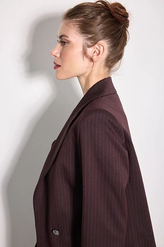Rahat Kesim Çizgili Blazer Ceket - Bordo - Gusto